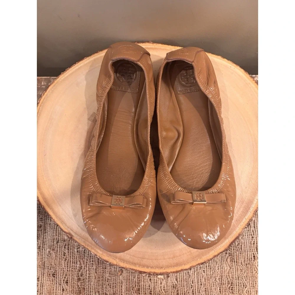 Tory Burch Eddie Bow Patent Ballet Flats Size 10.5‎ Royal Tan.